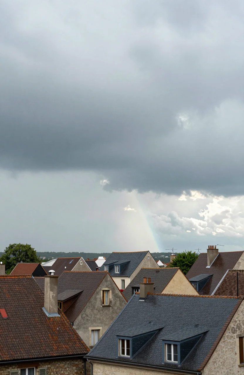 Ciel gris avec averse locale sur un village français vu de loin