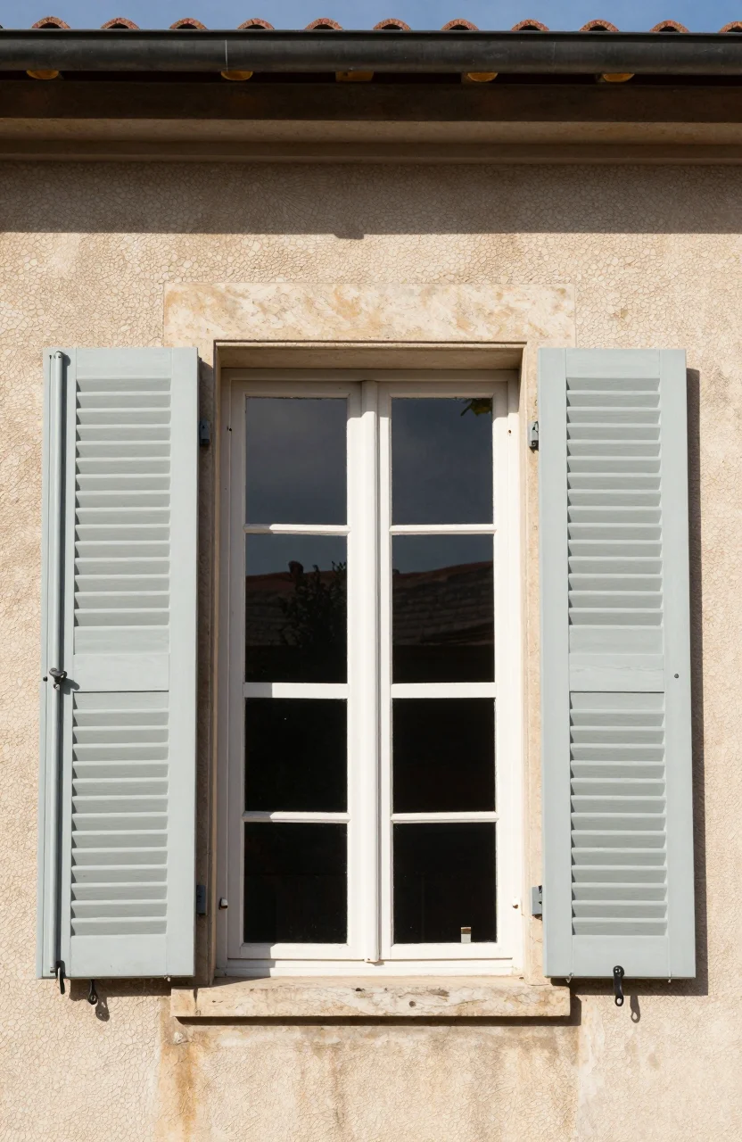 Façade d'une maison ensoleillée avec volets mi-clos sous un ciel d'été