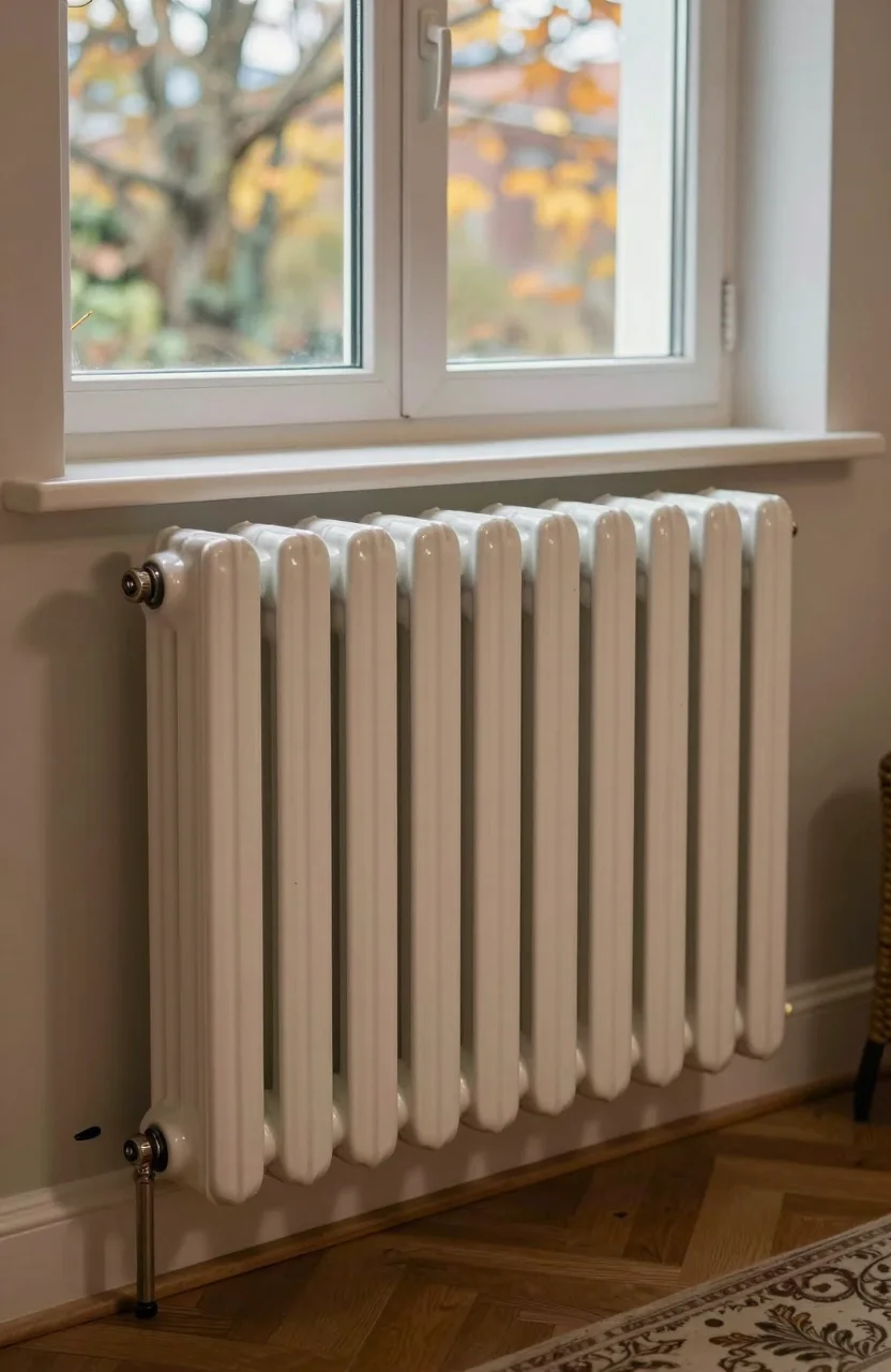 Thermostat et radiateur dans un salon en matinee fraiche d'automne