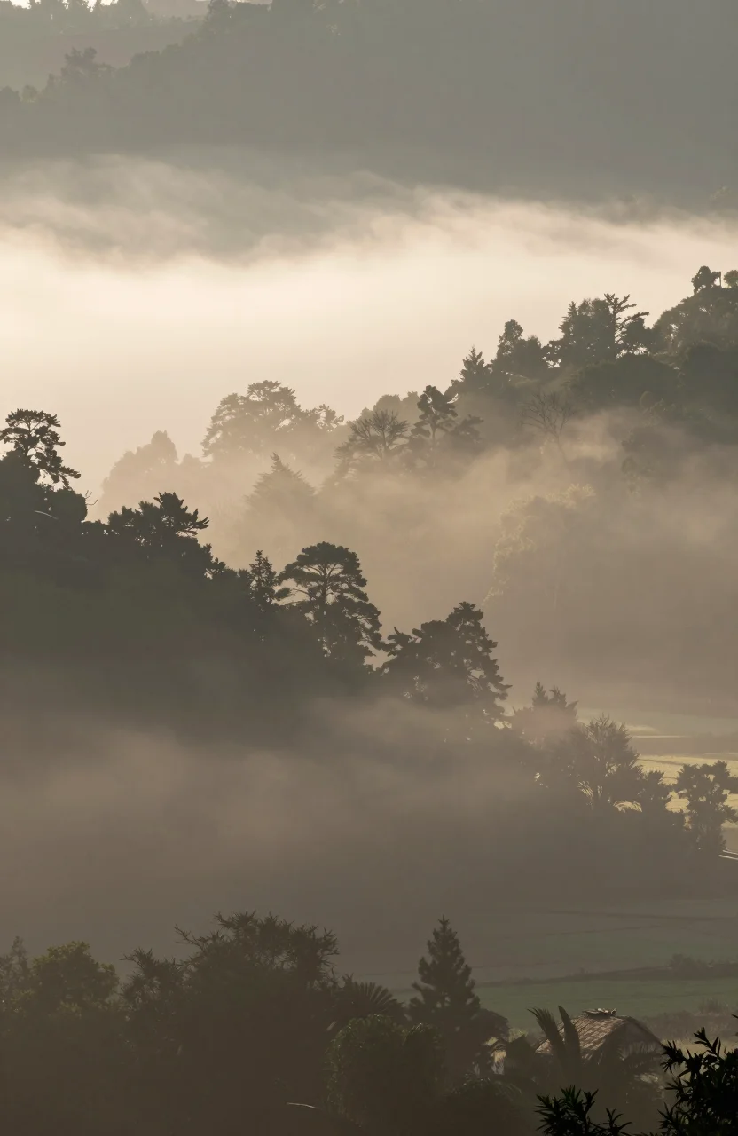 Brouillard matinal se dissipant dans une vallée avec soleil levant