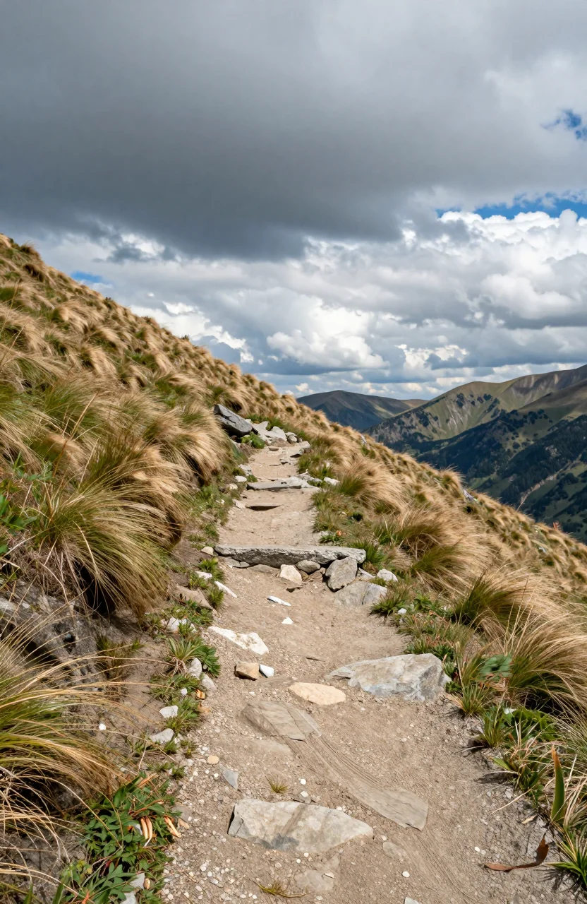 Sentier de montagne sous un ciel changeant avec nuages d'orage au loin