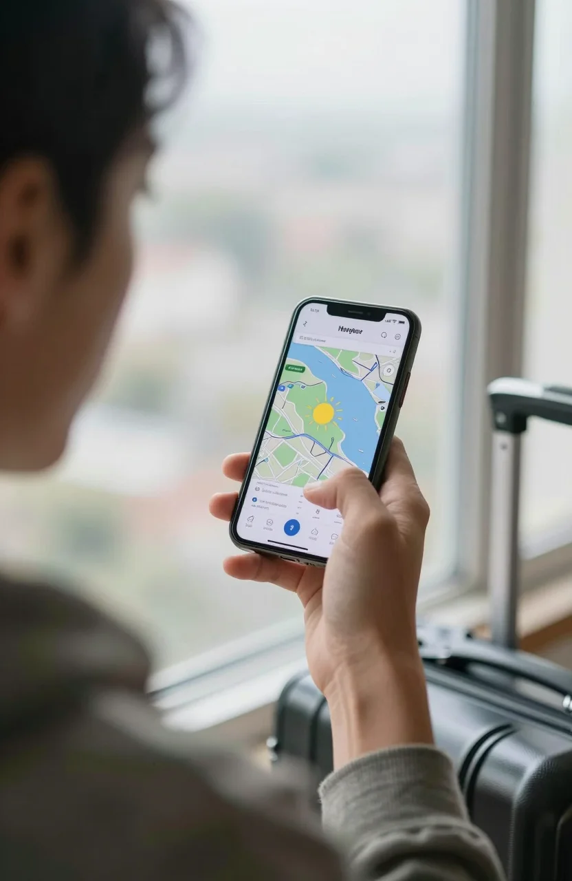 Voyageur consultant la météo sur un smartphone près d'une fenêtre sous ciel changeant