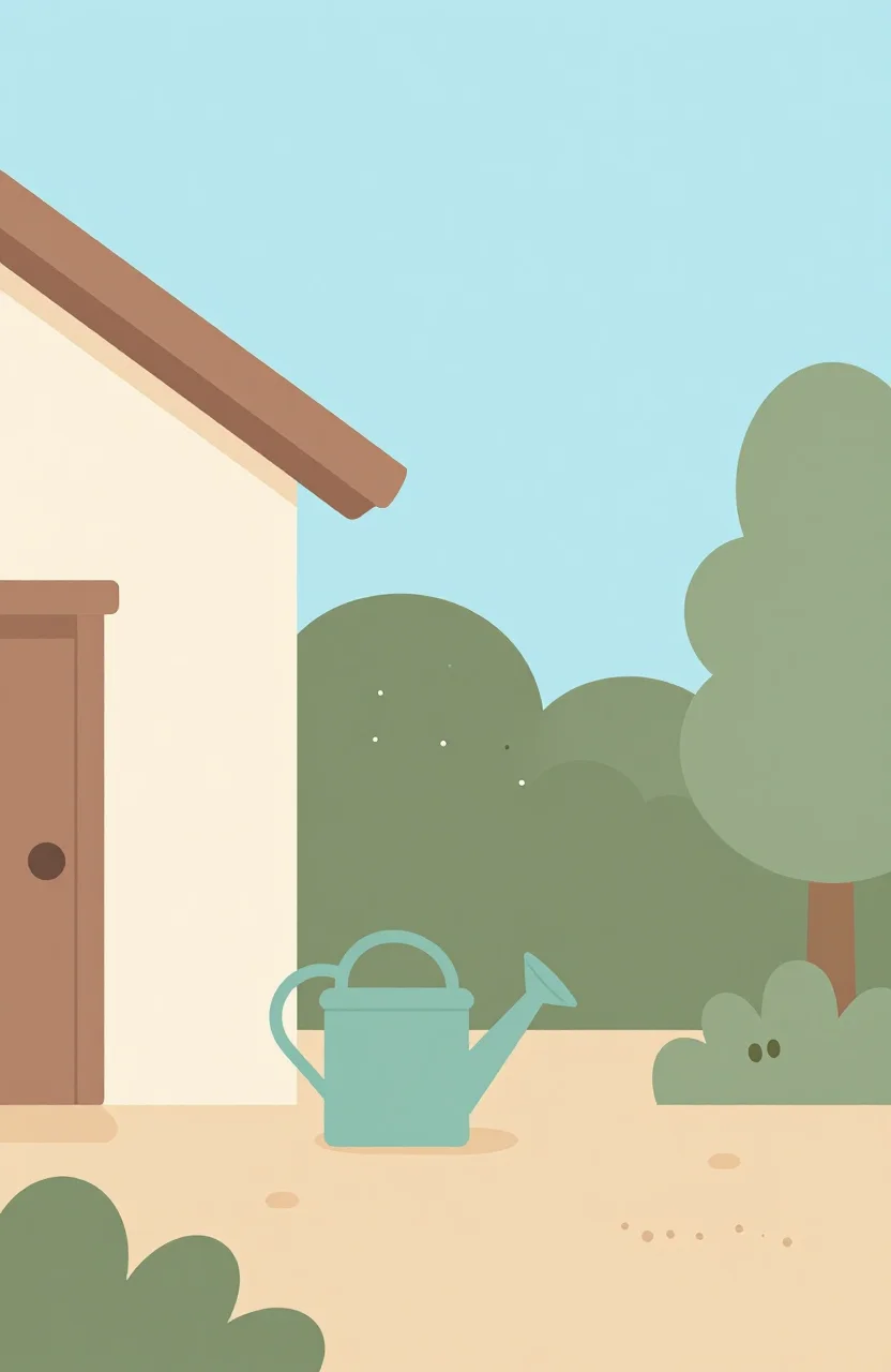 Illustration claire d'un jardin sec et d'un robinet avec paysage ensoleillé