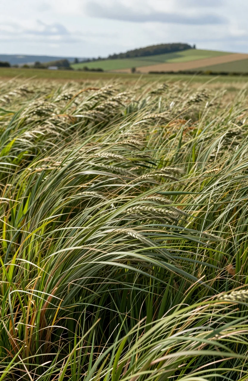 Paysage extérieur sous ciel clair avec brise visible dans les herbes