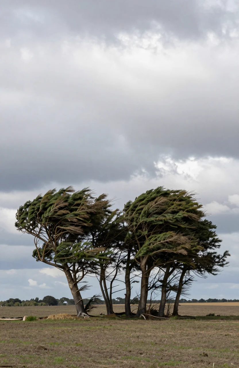 Arbres penchés sous un vent soutenu dans une campagne ouverte