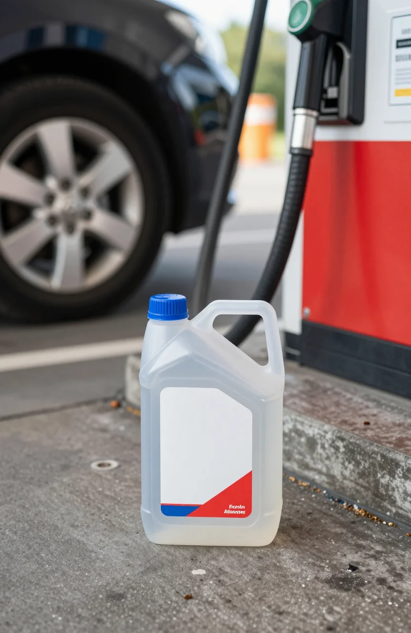 Bidon d'additif carburant posé près d'une pompe dans une station-service en journée