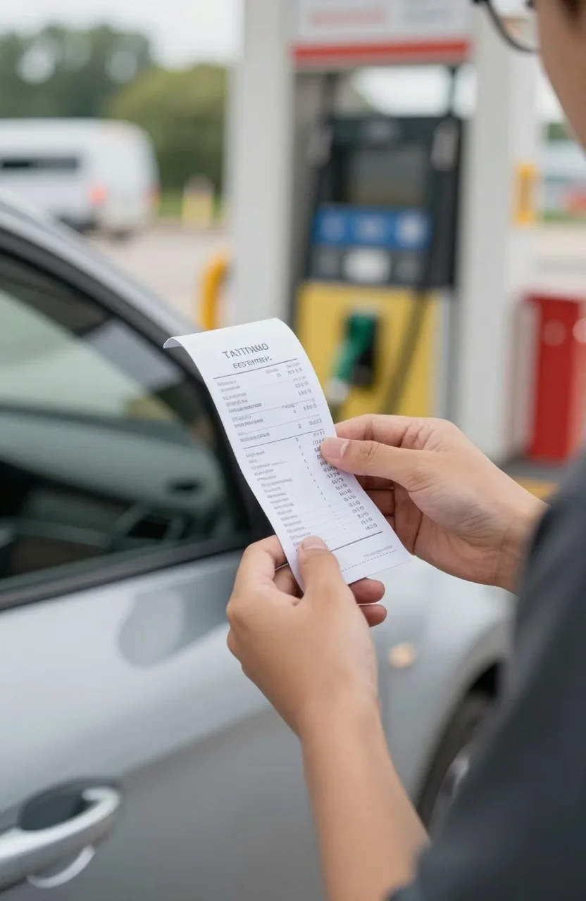 Conducteur consultant un carnet de notes de frais près d'une pompe à carburant