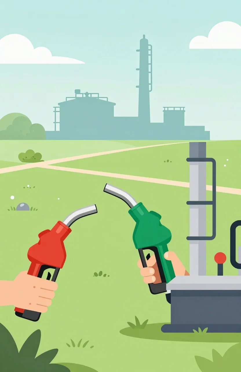 Illustration de pistolets de carburant et de champs agricoles sous une lumière claire