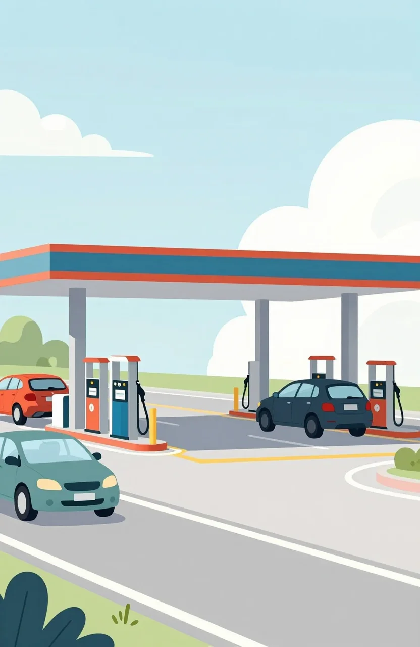 Illustration d'une aire d'autoroute avec pompes et voitures sous un ciel clair