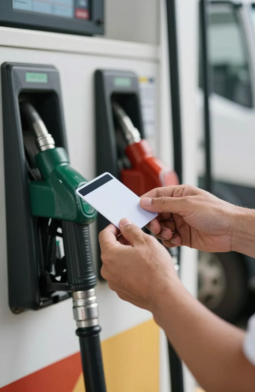 Conducteur professionnel tendant une carte carburant près d'une pompe