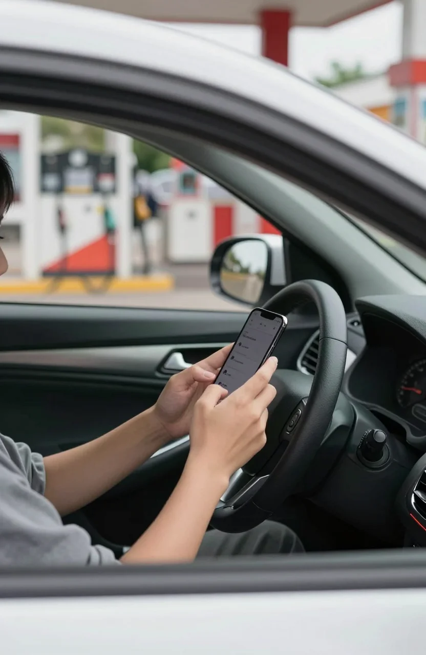 Conducteur verifiant son forfait mobile assis dans sa voiture