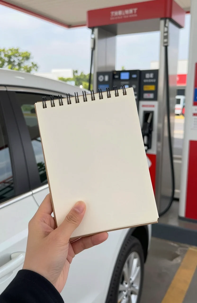 Conducteur consultant un carnet de suivi près d'une pompe à carburant en journée