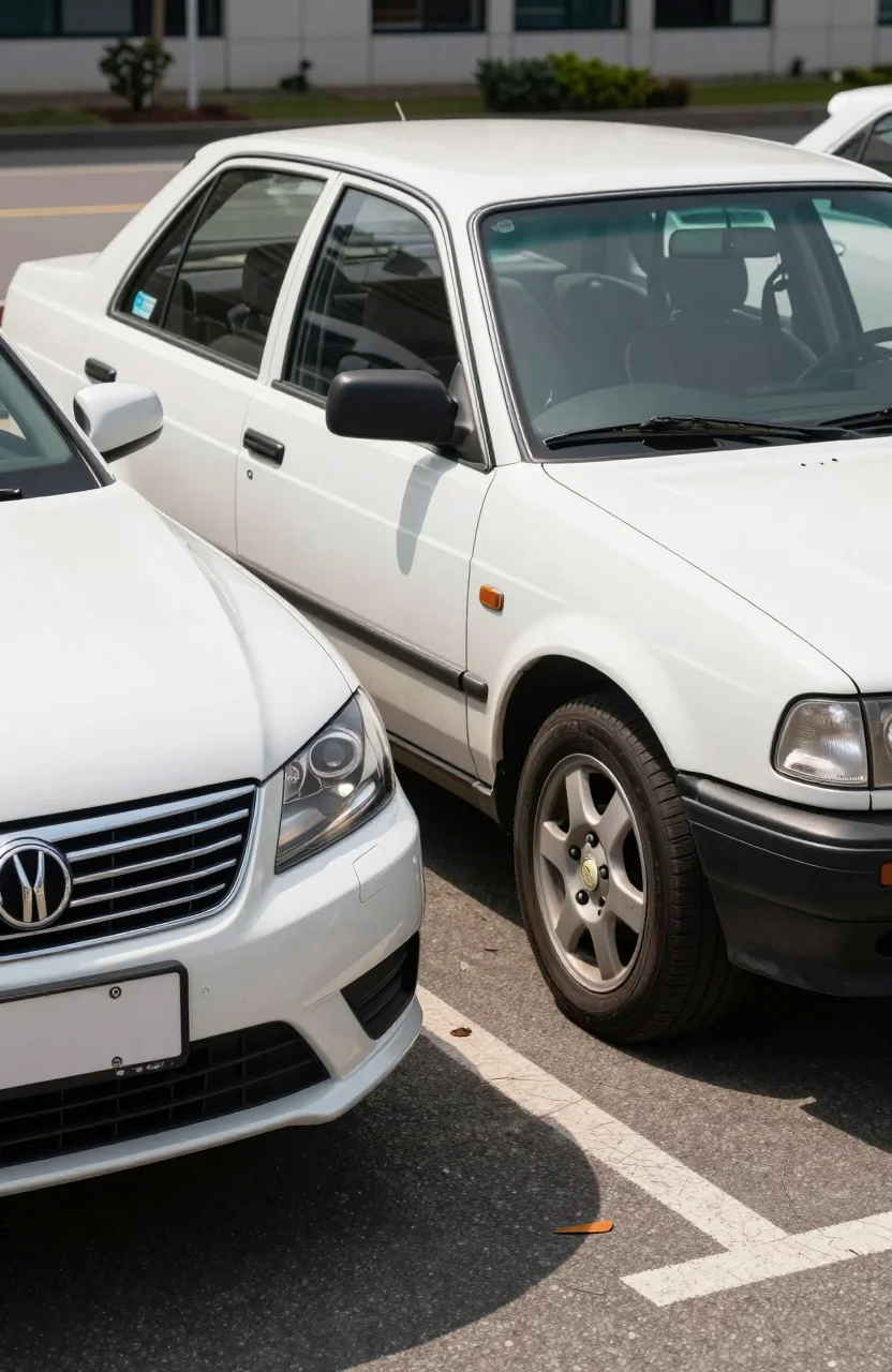 Voiture neuve et voiture d'occasion côte à côte sur un parking