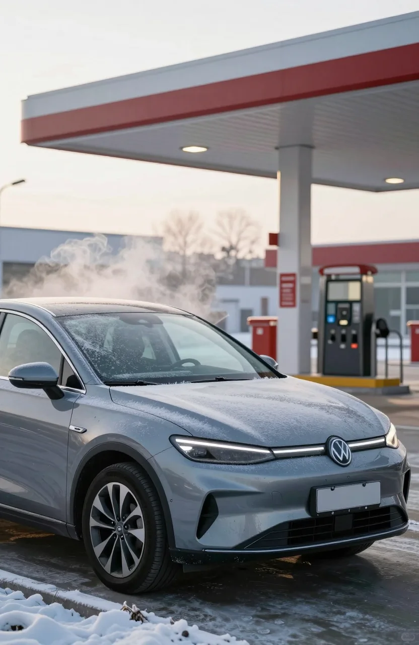 Voiture garée par matin d'hiver froid près d'une station-service
