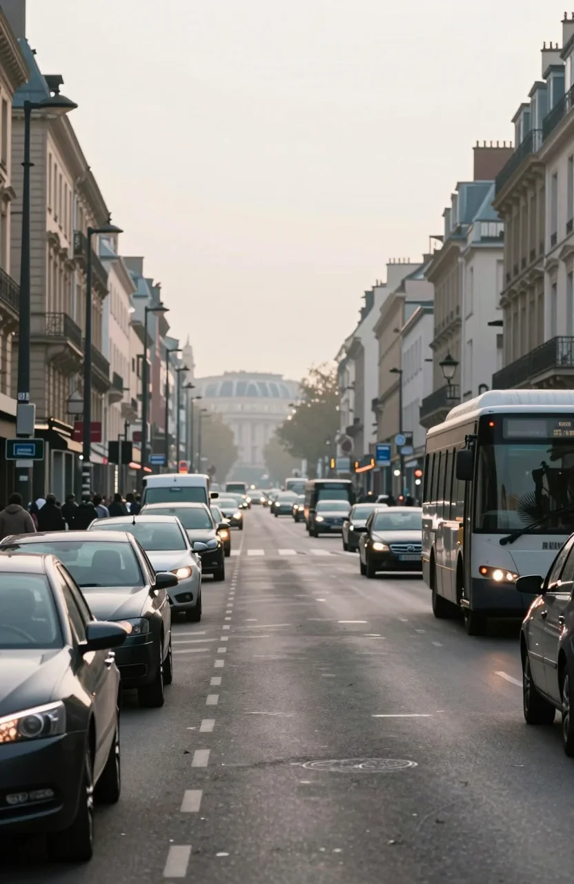 Entrée d'une avenue urbaine avec circulation mixte voitures et bus un matin clair