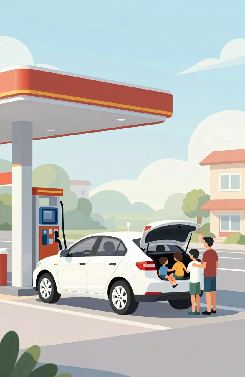 Voiture chargée pour les vacances devant une station-service en périphérie