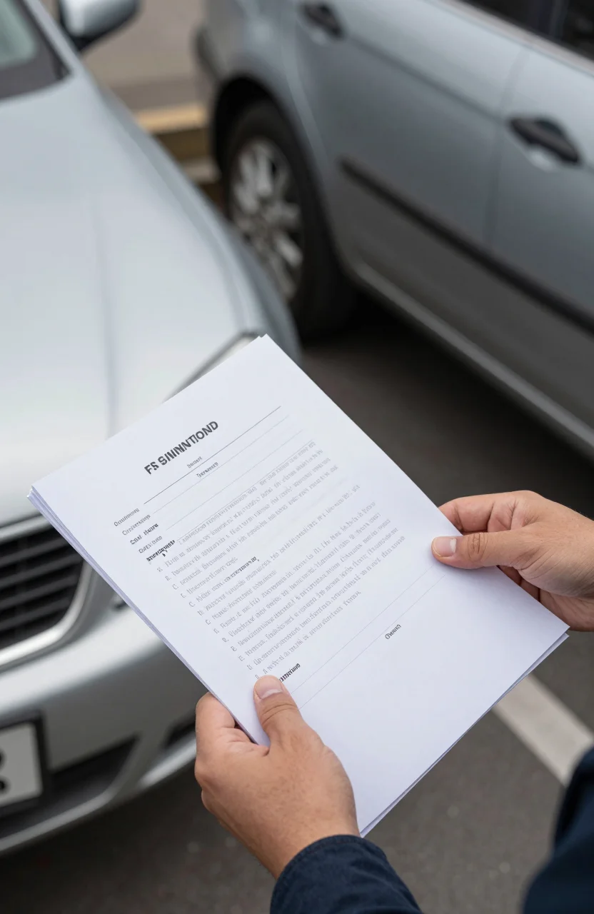 Conducteur consultant des documents de garantie devant sa voiture