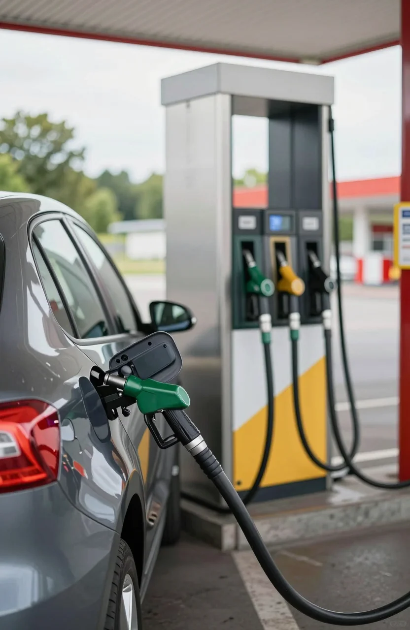 Voiture à une pompe près d'une frontière européenne, ambiance réaliste