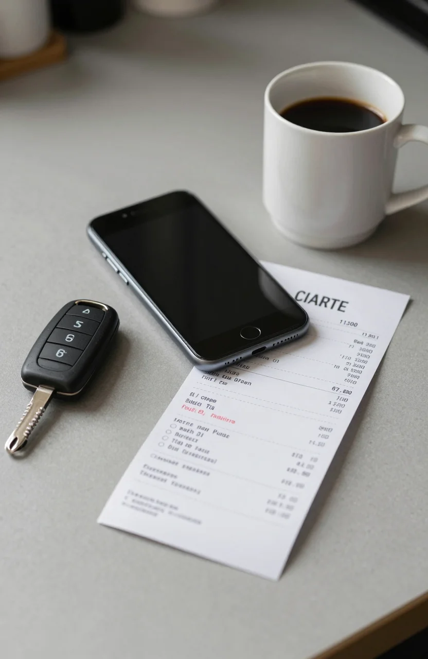 Budget auto : telephone, cles de voiture et recu d'essence sur une table