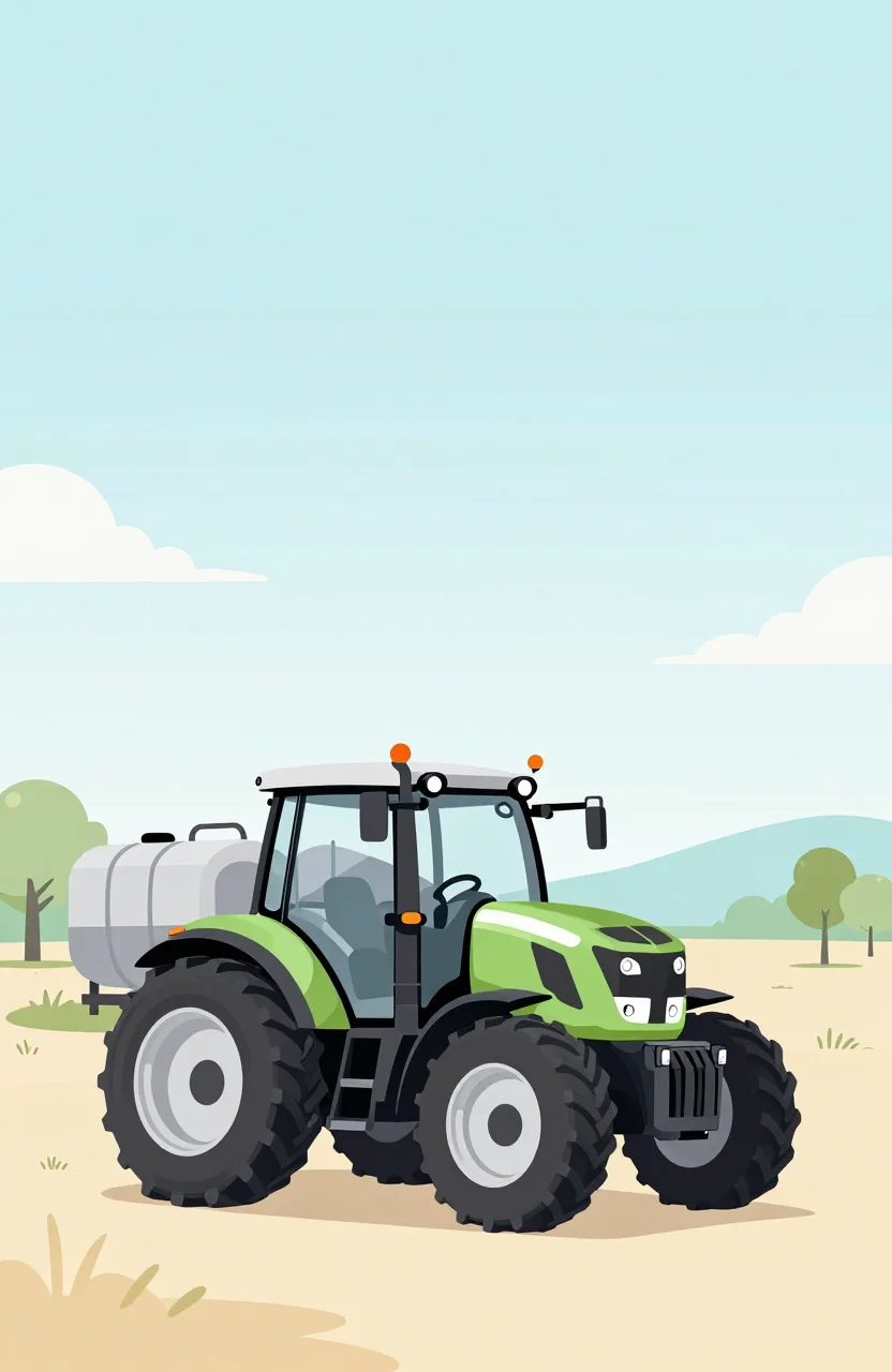 Illustration d'un tracteur agricole près d'une cuve de carburant sous un ciel clair