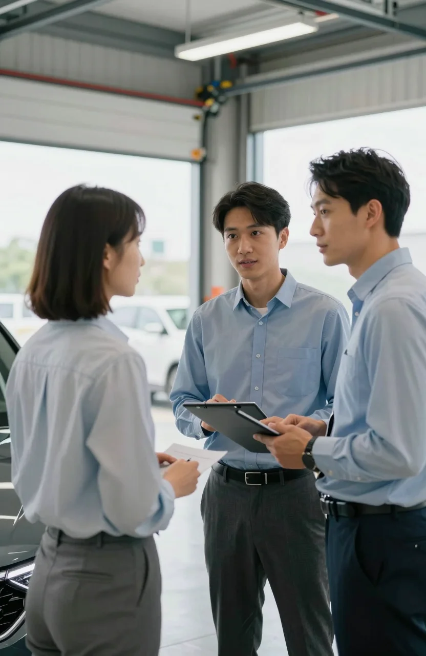 Client discutant avec un conseiller dans un garage automobile lumineux