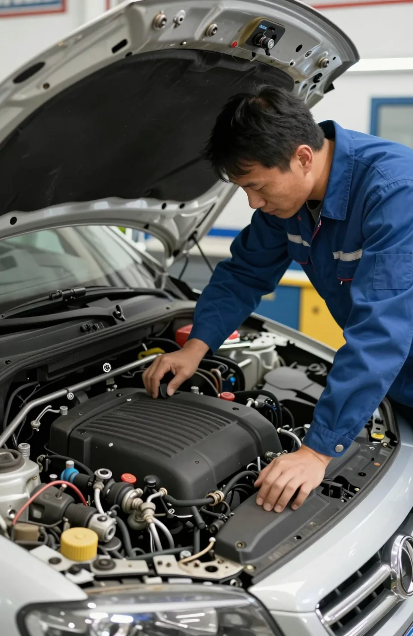 Mécanicien inspectant le moteur d'une voiture d'occasion dans un atelier
