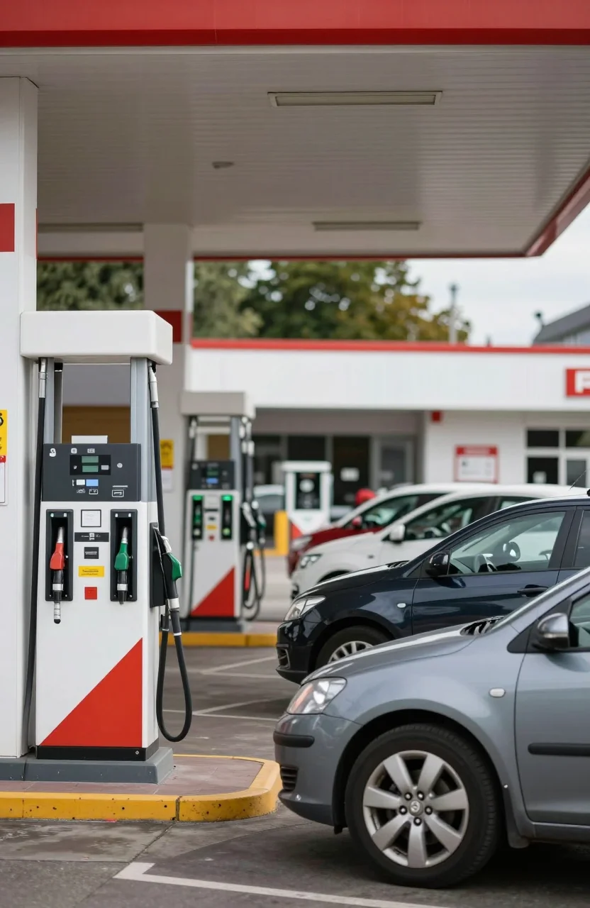 Station-service avec pompes essence et file de voitures sous un ciel clair