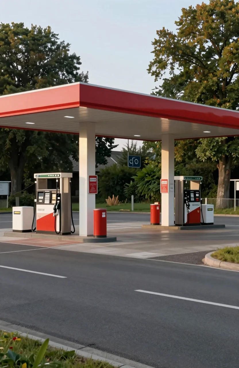 Station-service en bord de route dans un paysage rural français