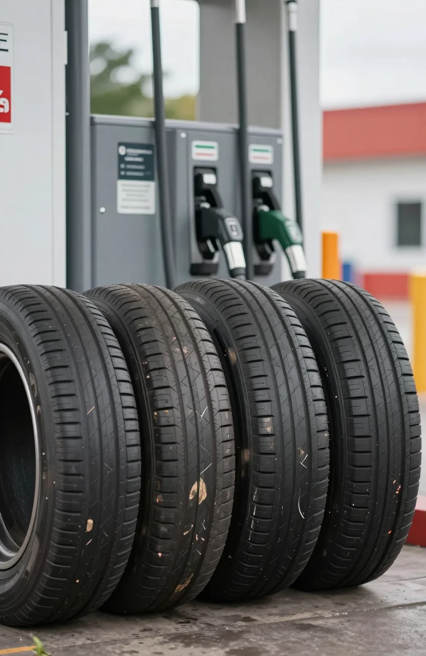 Quatre pneus de voiture alignés près d'une station-service en lumière du jour