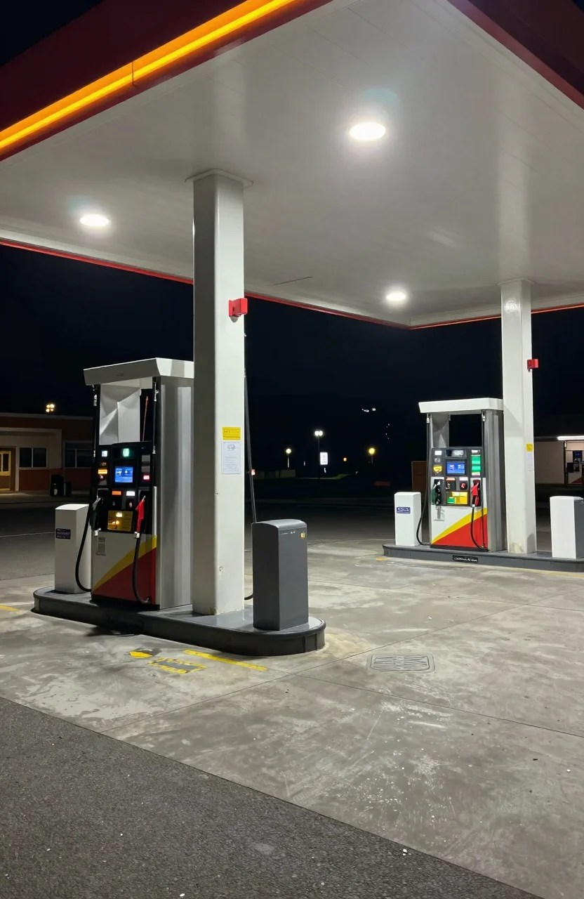Station-service automate de nuit avec pompes sous éclairage