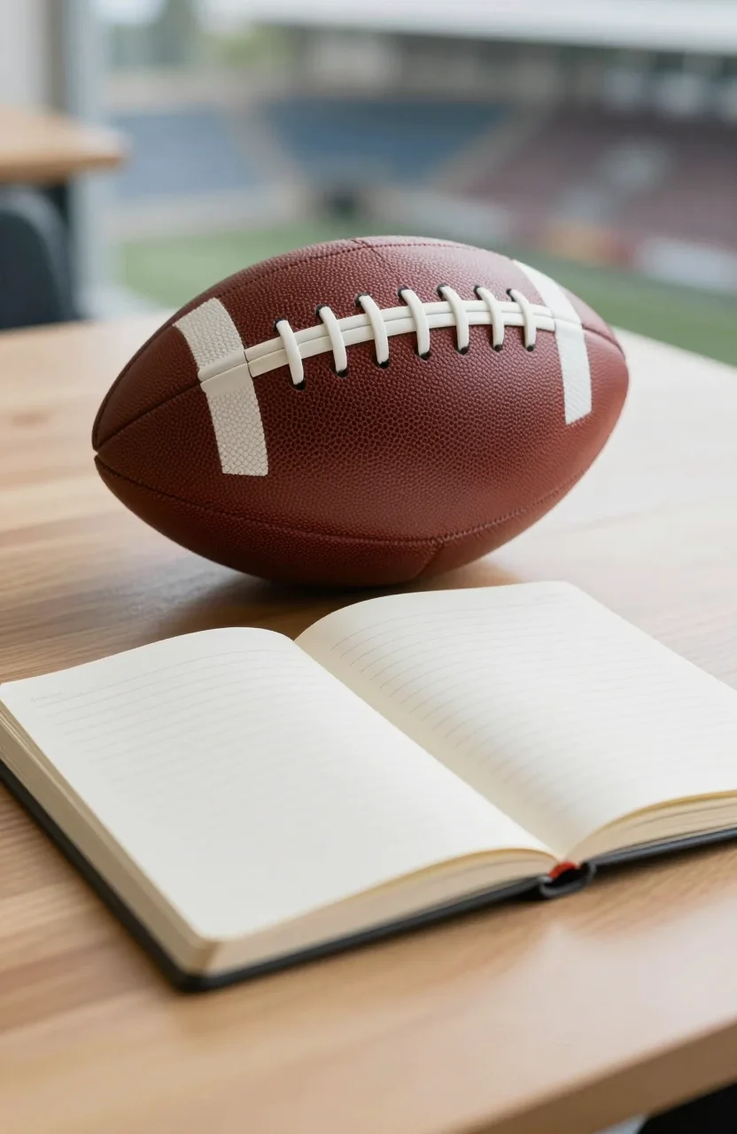 Tableau de cotes flou en fond, ballon de football et carnet sur une table claire
