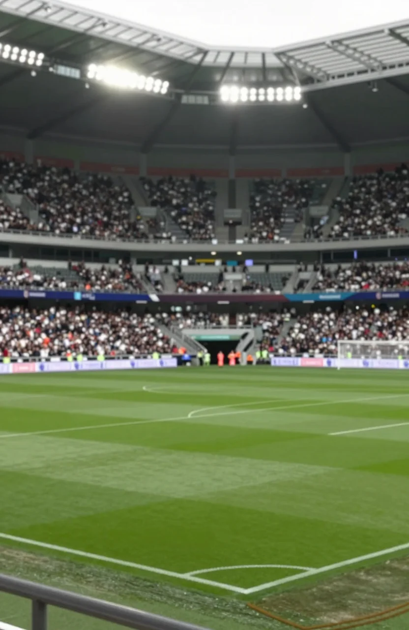 Tribune de stade de football vue depuis la pelouse un jour de match, public flou en arriere-plan