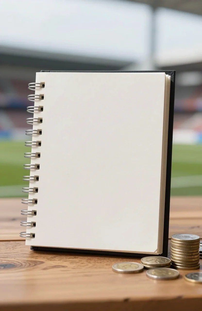 Cahier de notes et pieces de monnaie sur une table, ambiance football en arriere-plan flou