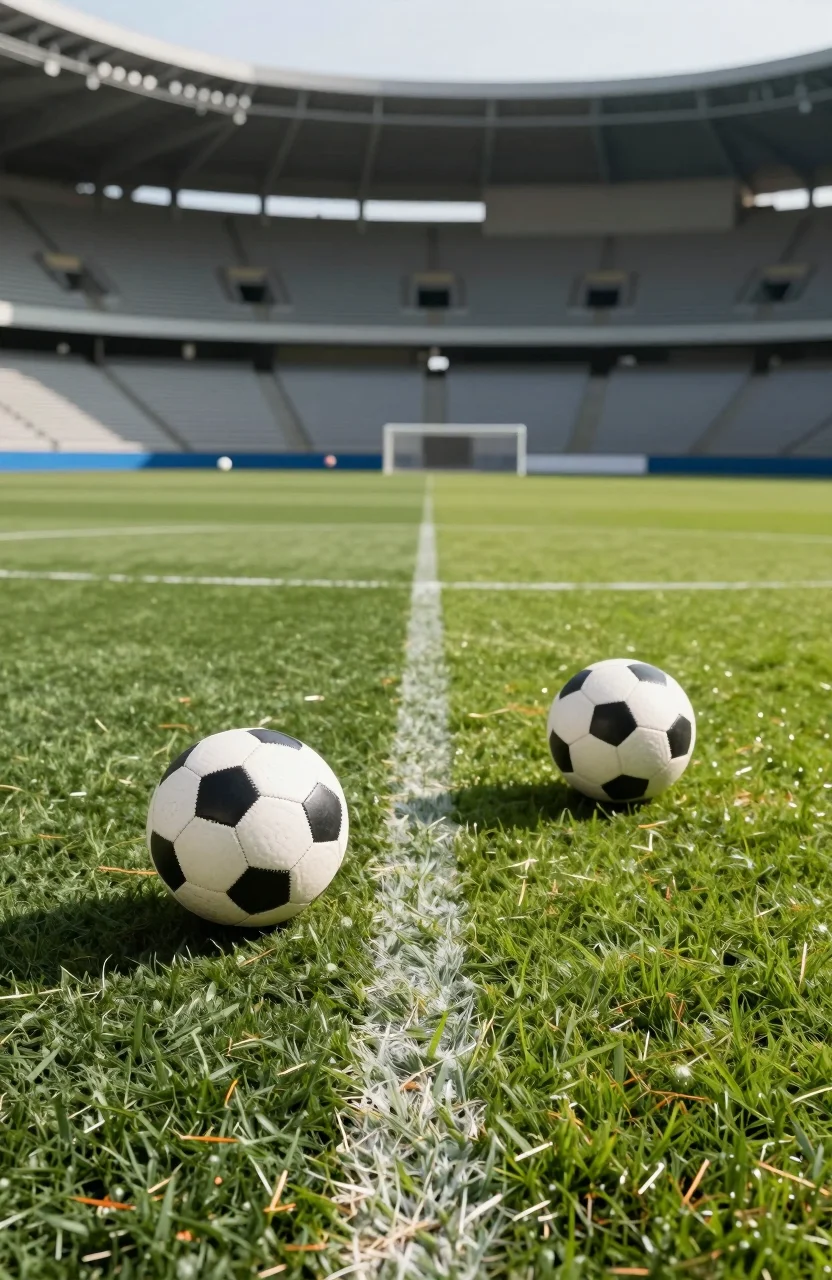 Deux ballons de football sur une pelouse de stade, lumiere du jour, tribunes floues