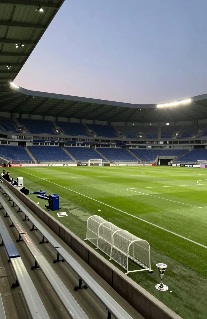 Terrain de football eclaire en soiree, banc de touche et zone technique vus de cote