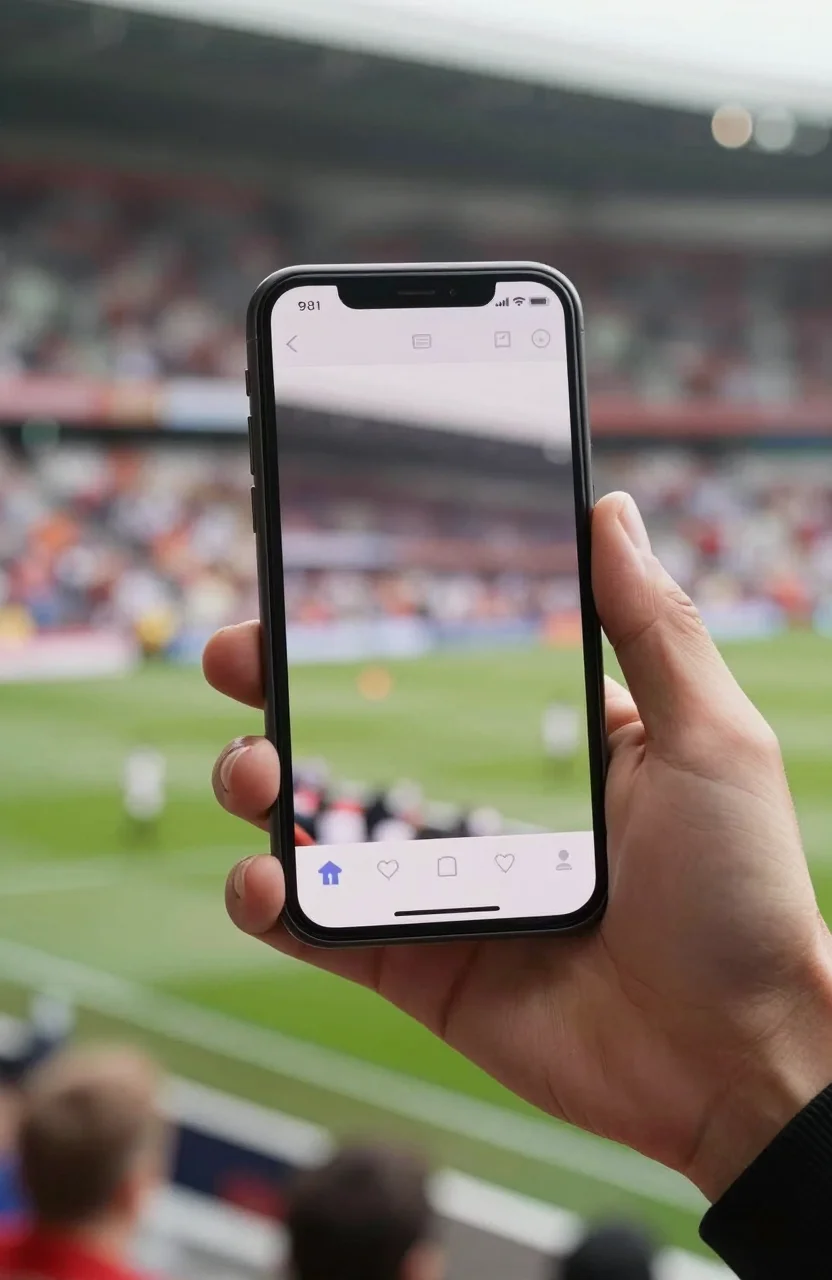 Smartphone tenu en main devant un stade de football flou en arriere-plan