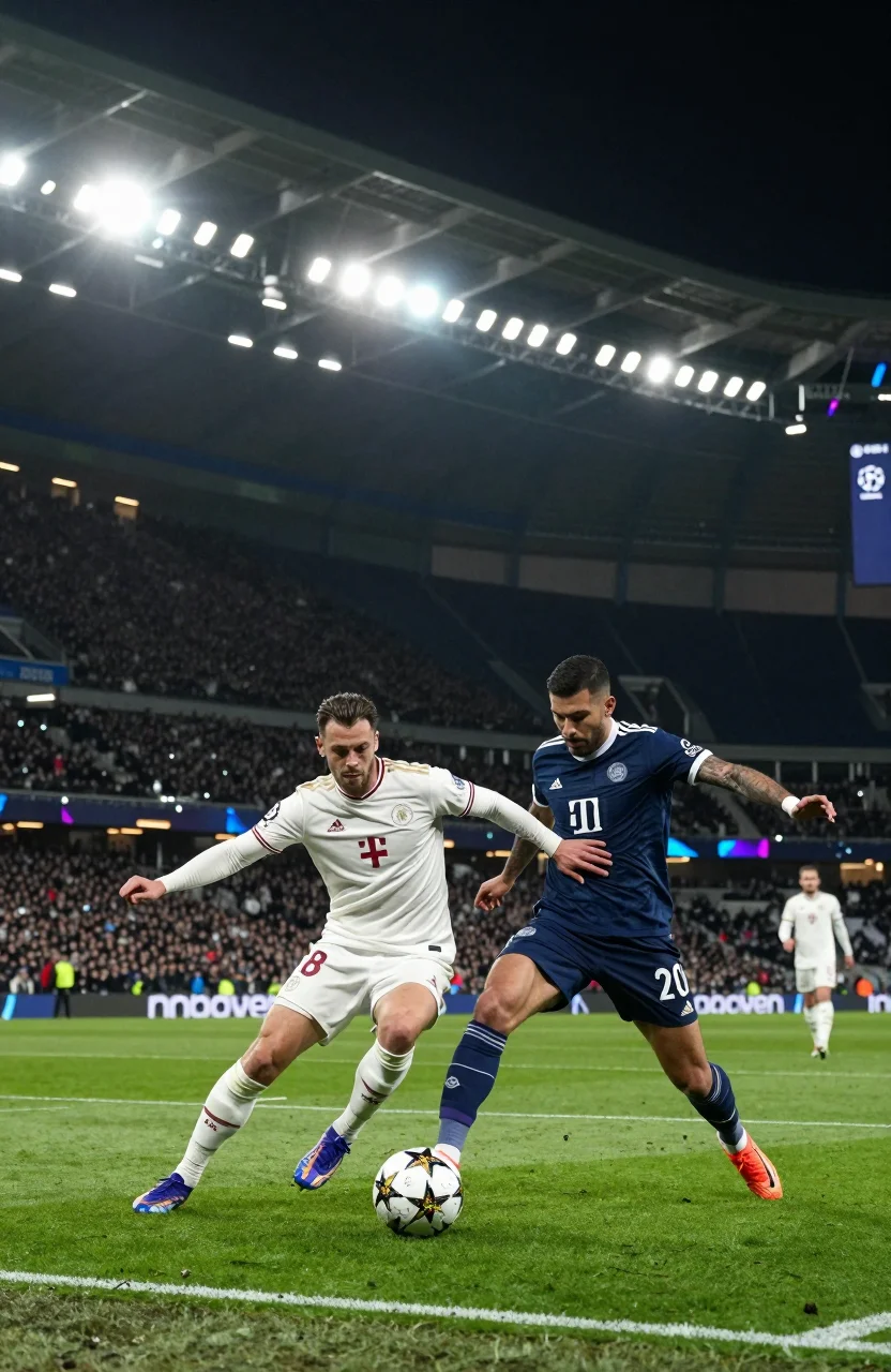 Soiree de football europeen sous les projecteurs, joueurs en duel dans un stade plein