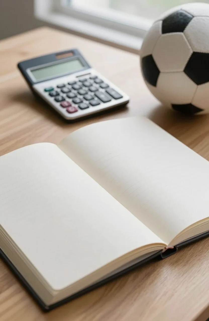 Calculatrice et carnet ouverts a cote d un ballon de football sur une table claire