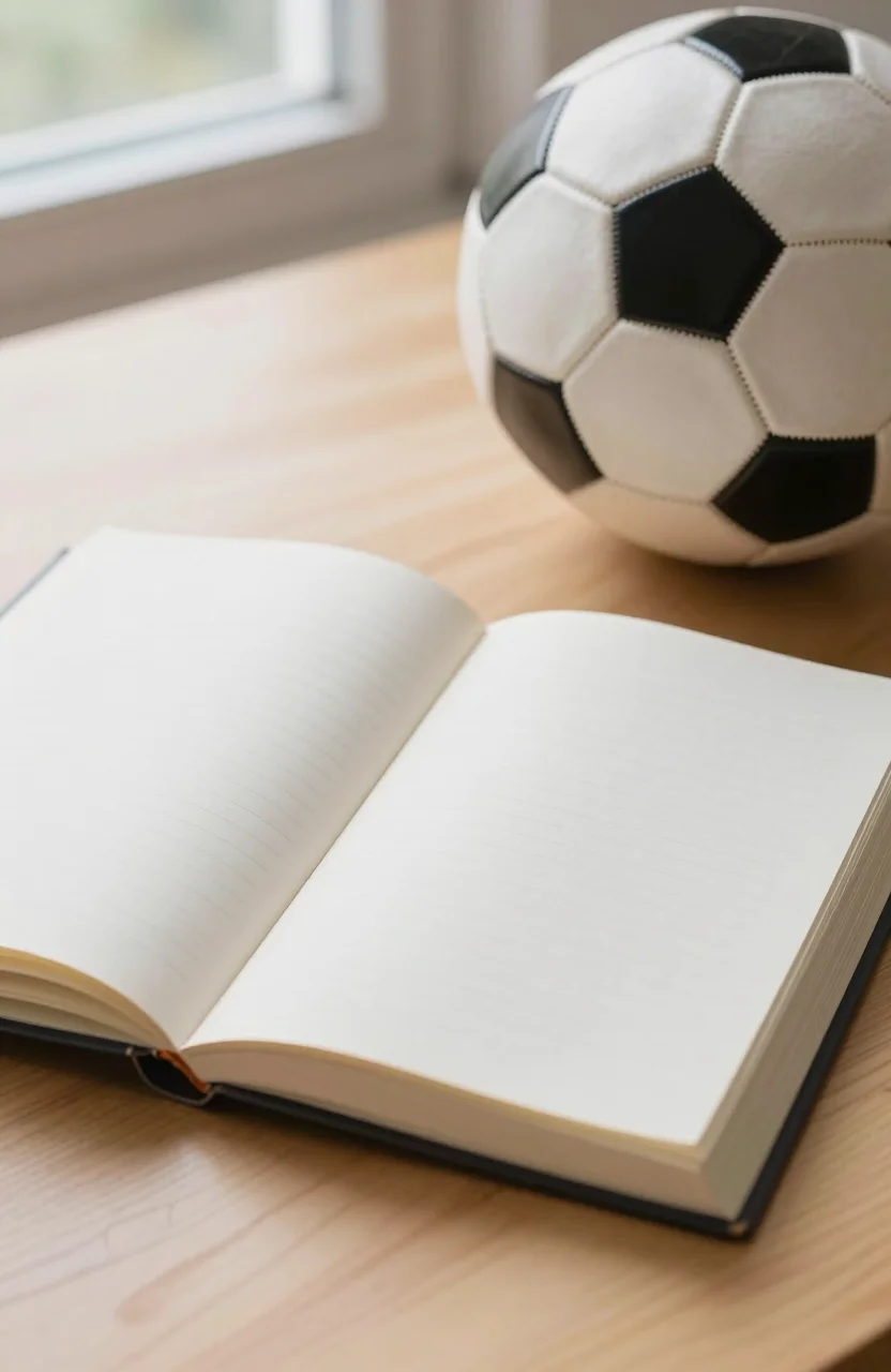 Notebook ouvert a cote d un ballon de football sur une table en bois claire