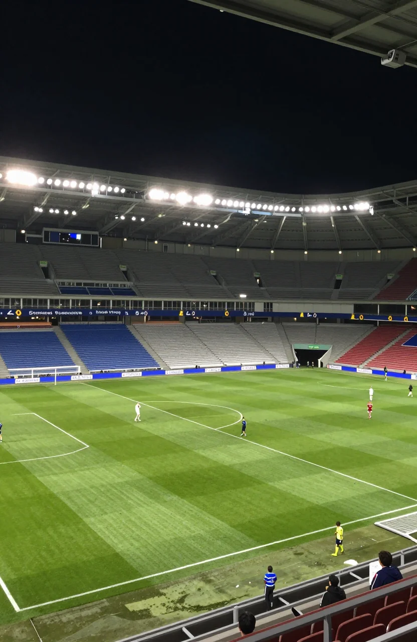 Terrain de football europeen en soiree sous projecteurs, tribunes moyennes remplies