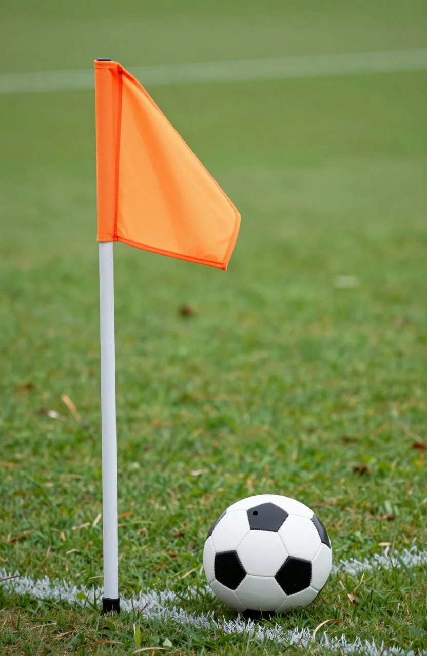 Corner flag orange et ballon de football sur une pelouse verte en lumiere naturelle
