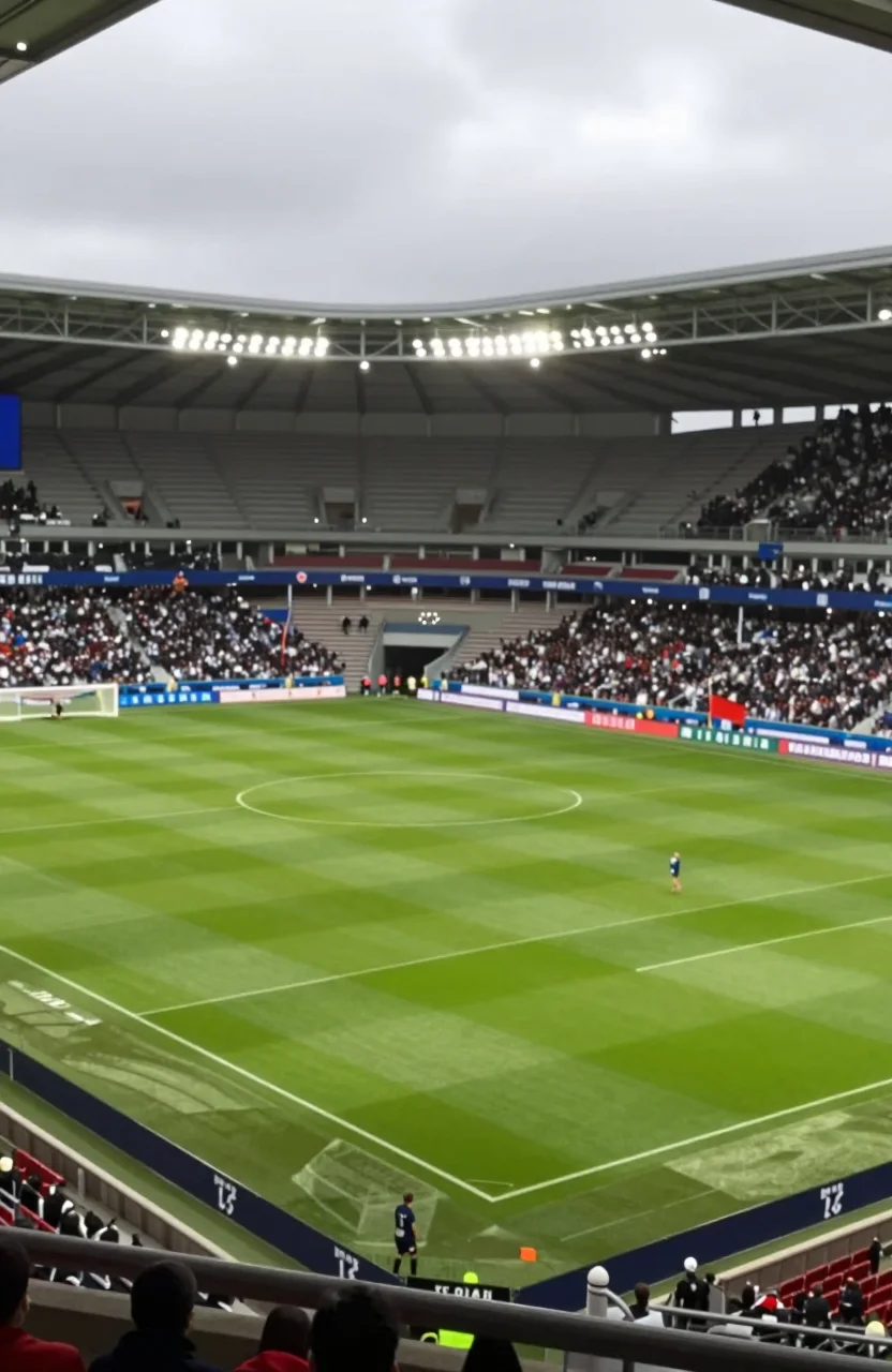 Petit stade de football francais un soir de Coupe de France, pelouse et tribunes proches
