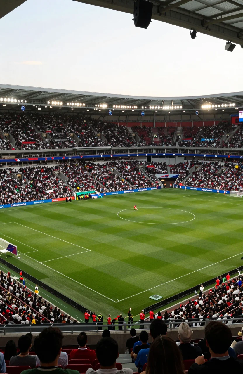 Stade de football rempli pendant un match de Coupe du Monde, vue des tribunes et de la pelouse