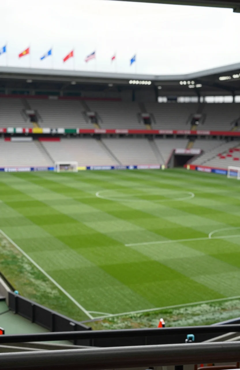 Terrain de football international vu depuis les tribunes, drapeaux flous en fond, lumiere naturelle