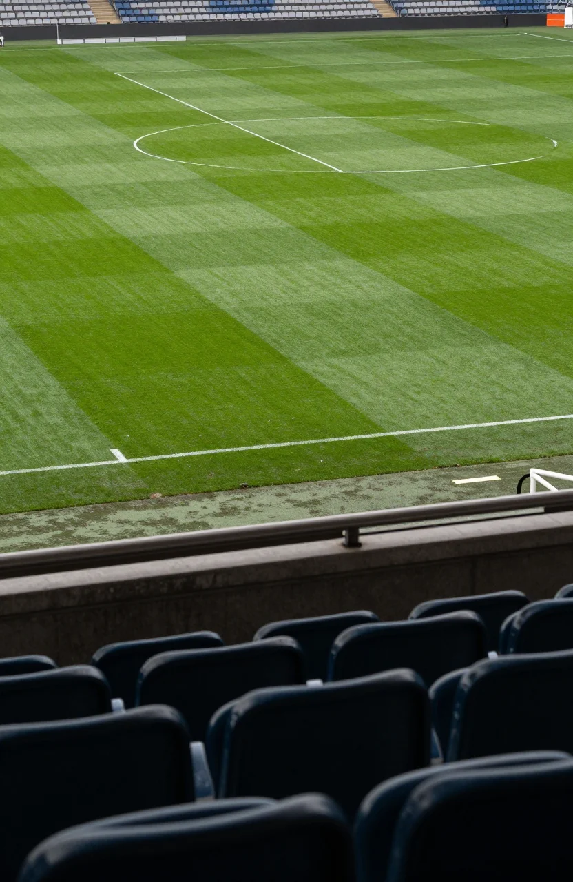 Terrain de football vu depuis les tribunes sous une lumiere naturelle douce