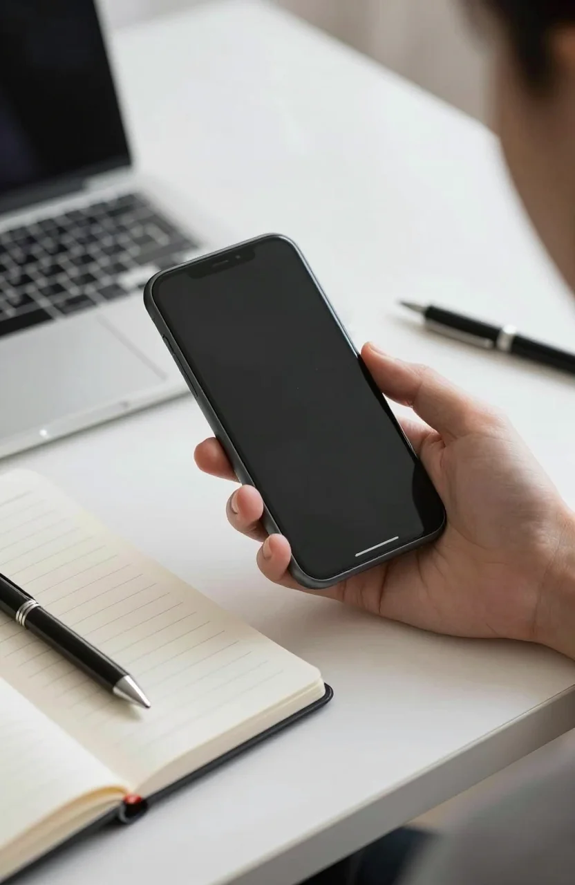 Personne consultant calmement son téléphone près d'un carnet et d'un stylo