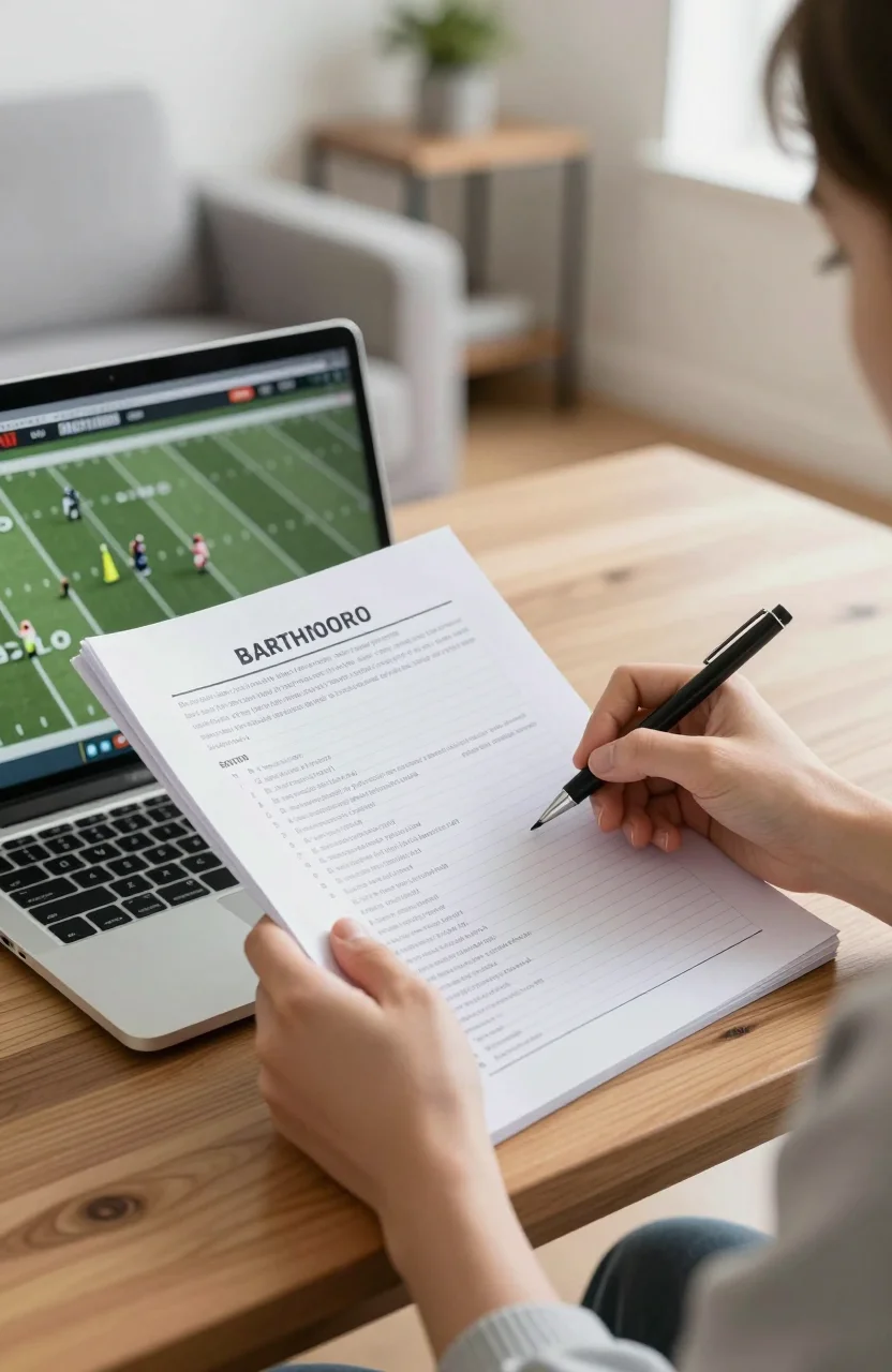 Personne consultant des statistiques de football sur un ordinateur portable dans un salon lumineux