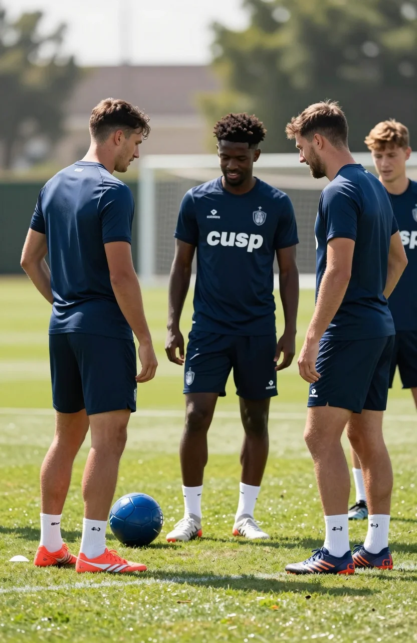 Joueurs de football en tenue d'entrainement sur un terrain verdoyant en journee