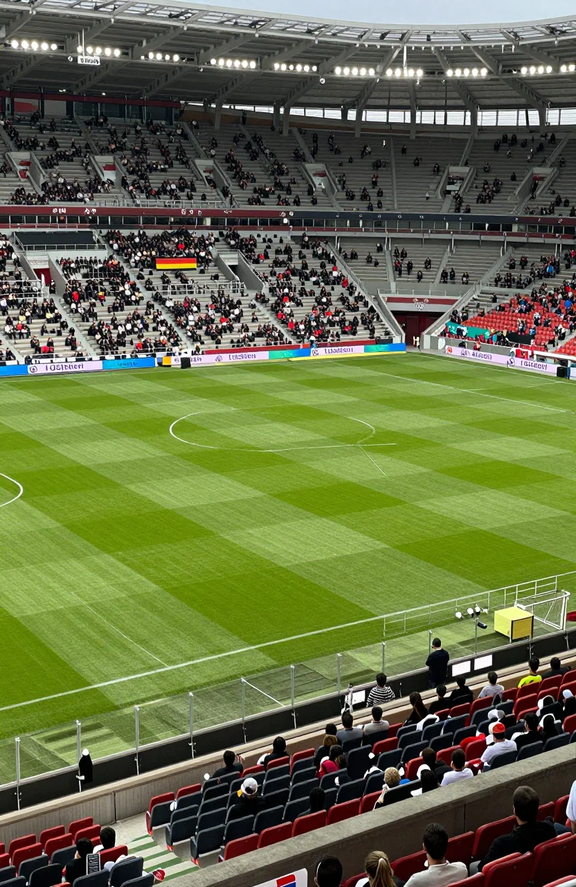 Stade de football allemand sous un ciel clair avec pelouse verte et tribunes pleines