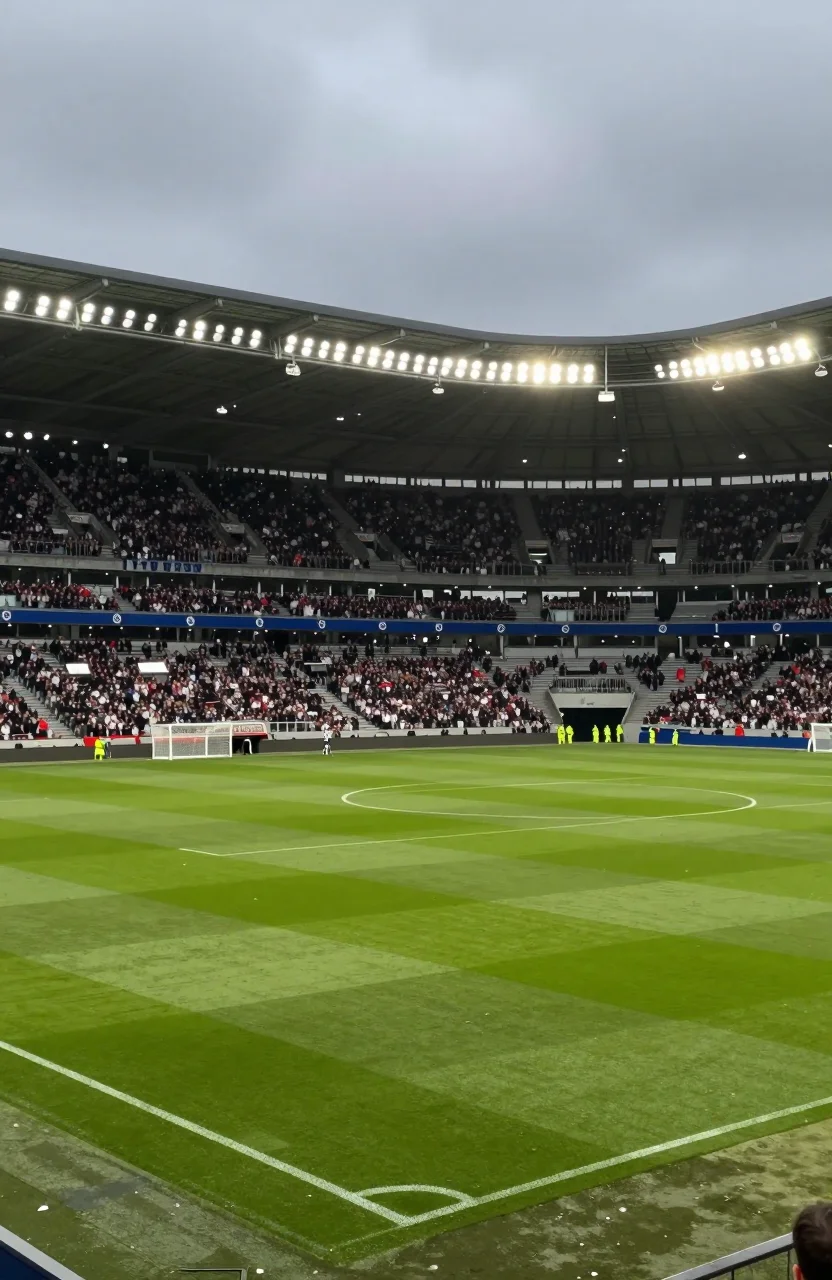 Match de football europeen en semaine sous projecteurs, pelouse et tribunes floues